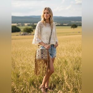 NWT RAJ LA Fringe Crossbody – Boho Tapestry Vegan Leather Bag